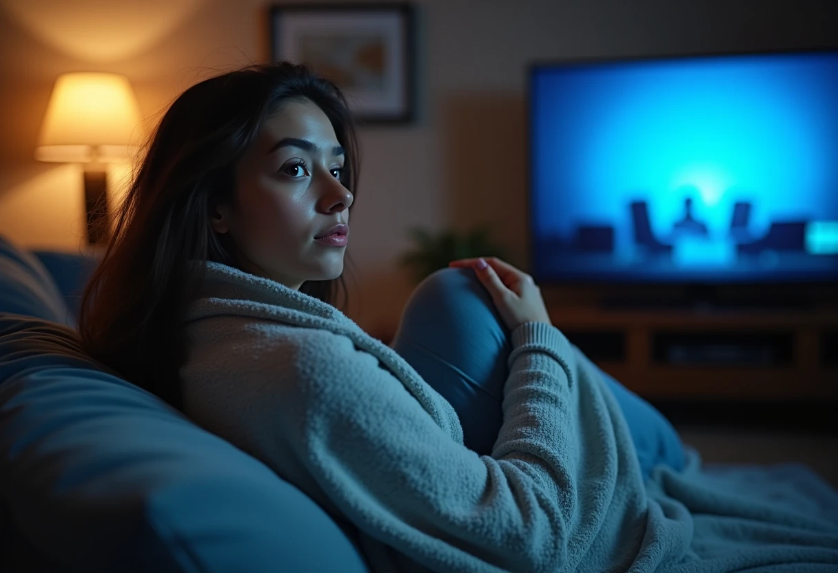 Woman wrapped in a blanket on a couch at night watching television