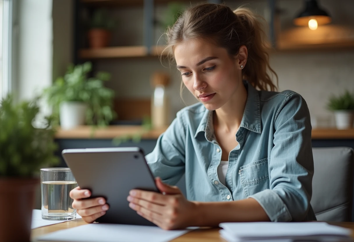 Woman at a desk browsing a review-style webpage on a tablet with an interested expression
