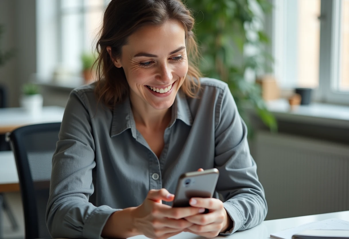 Woman at an office desk during a break glancing at her smartphone with a small amused smile