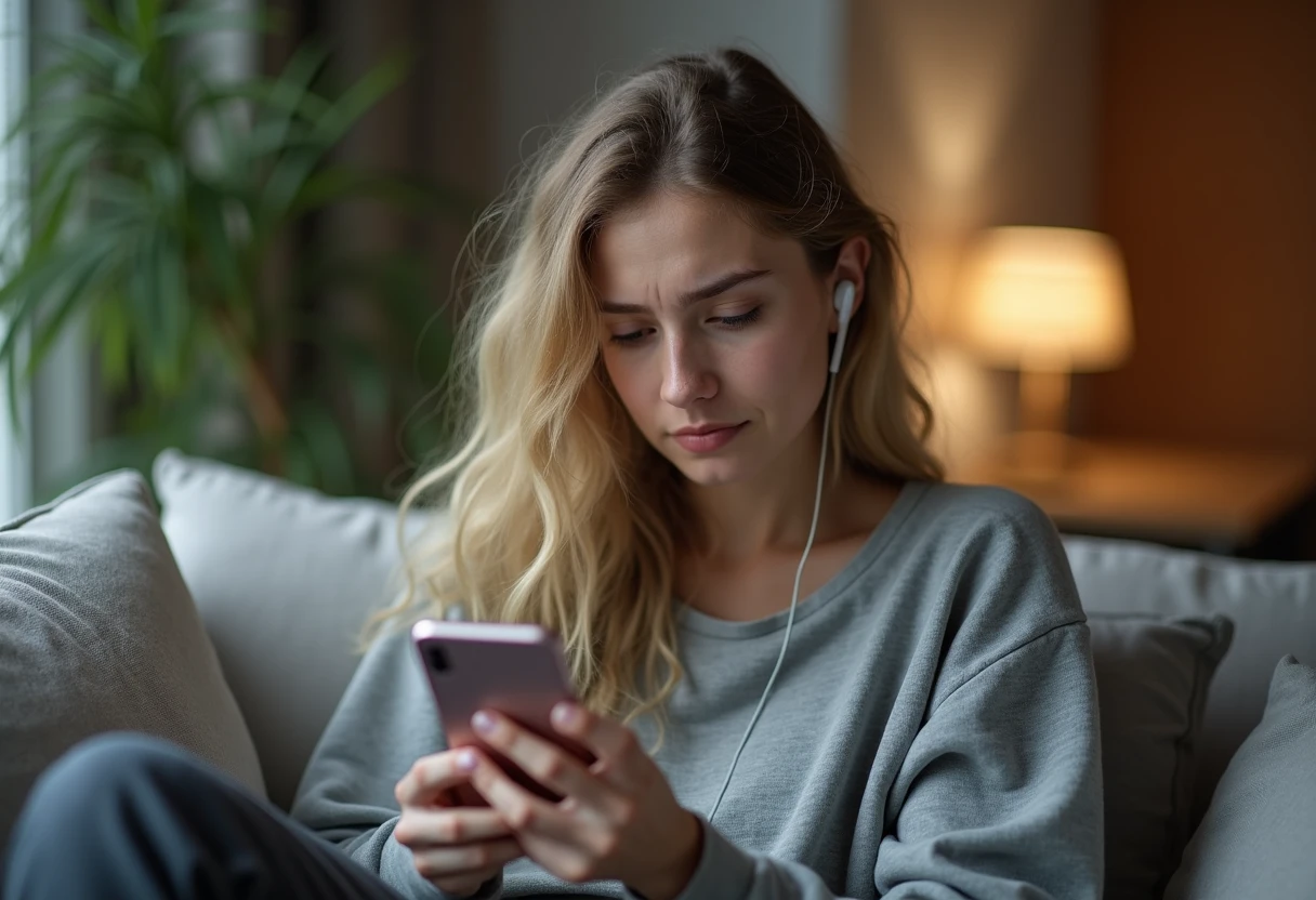 Woman on a couch testing a voice call feature on her phone with a disappointed expression