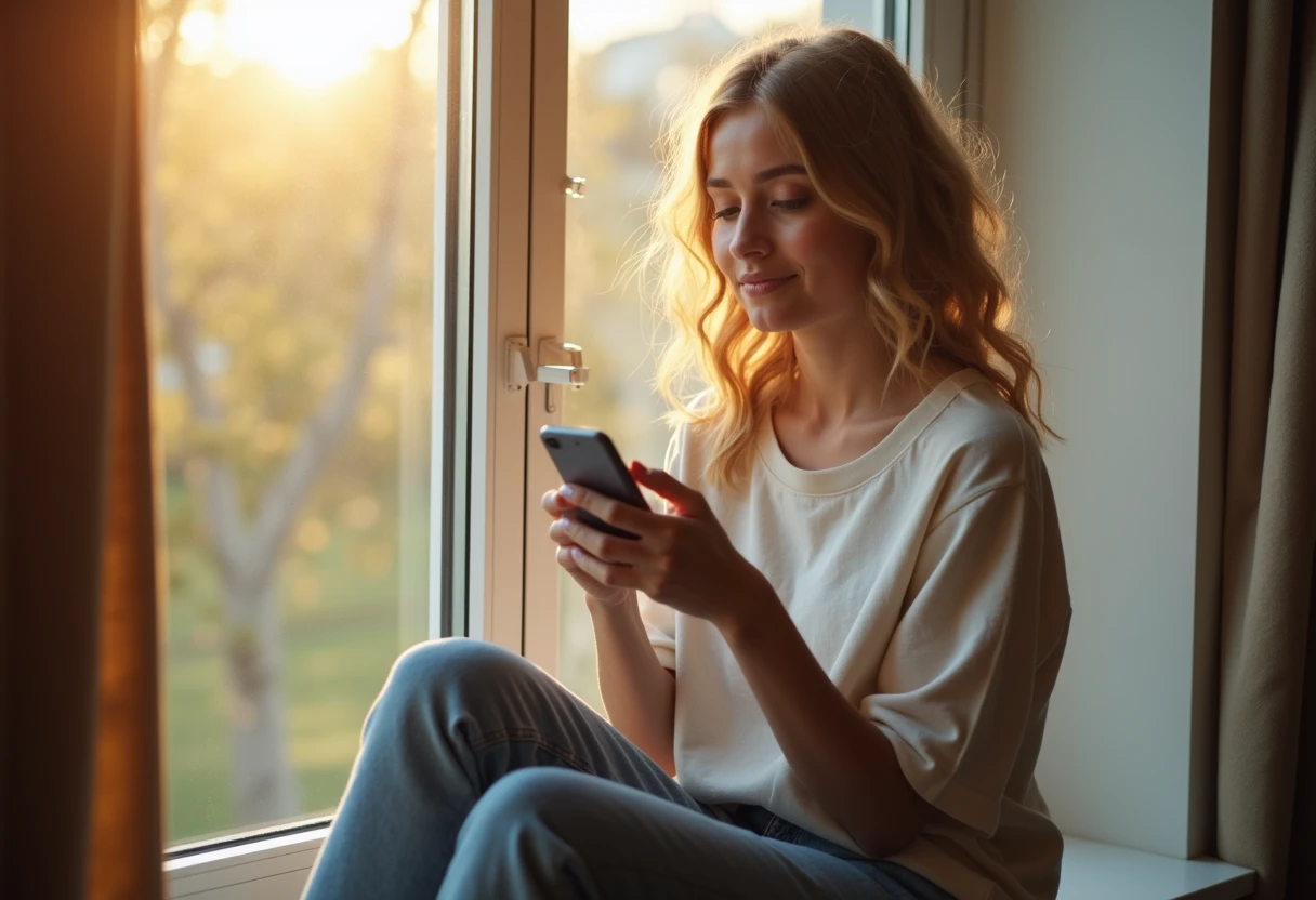 Woman sitting on a windowsill with her smartphone in warm afternoon light