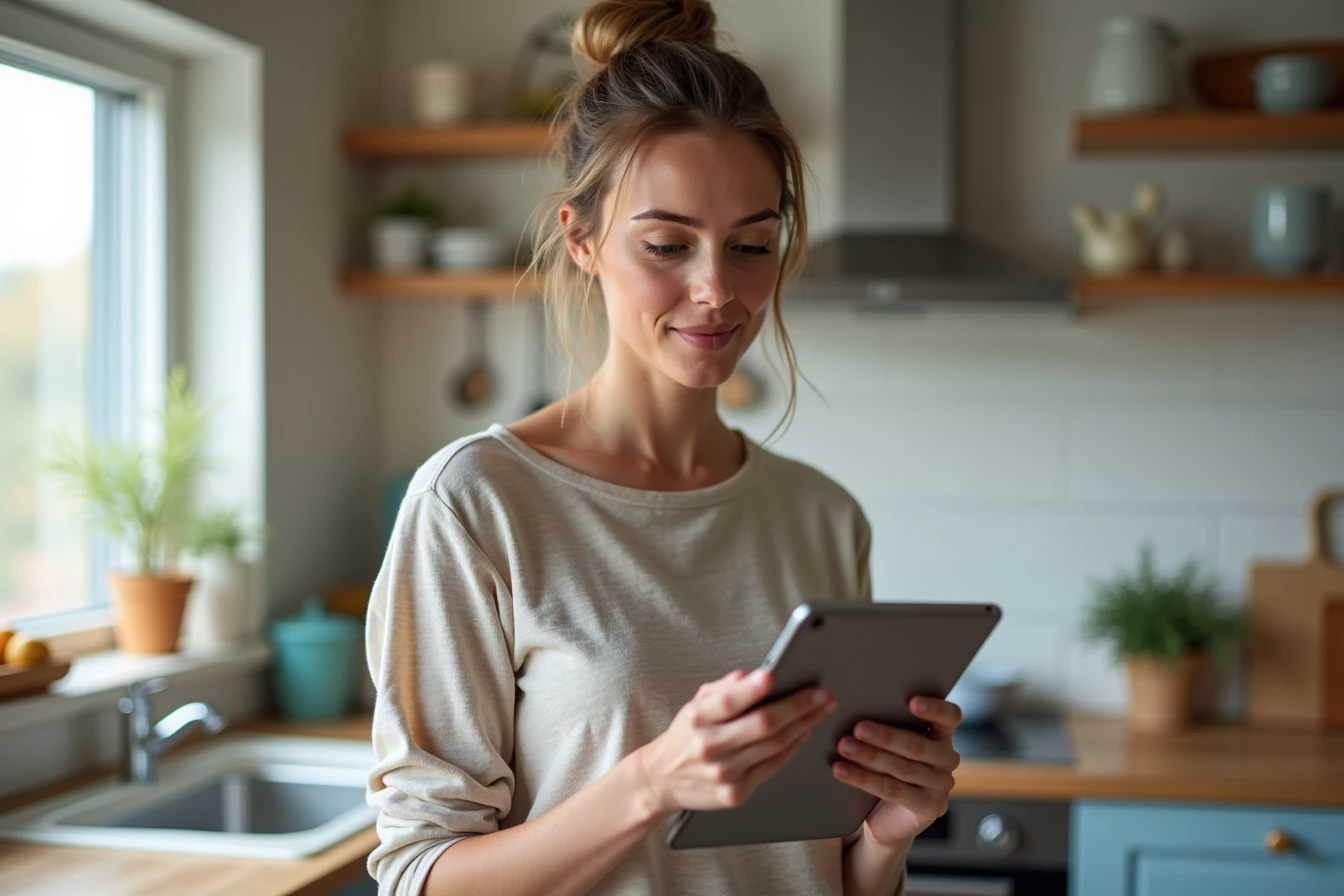 Woman in a kitchen checking free tier limits of an AI companion app on a tablet