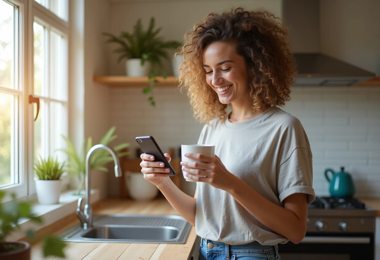 Woman standing at a kitchen counter in the morning holding a coffee mug and smiling at her smartphone