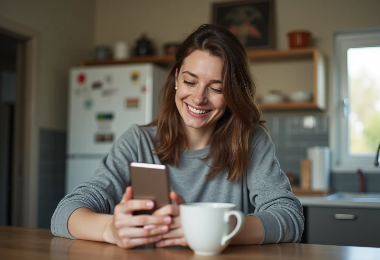 Person checking a phone notification from a companion app while having morning coffee