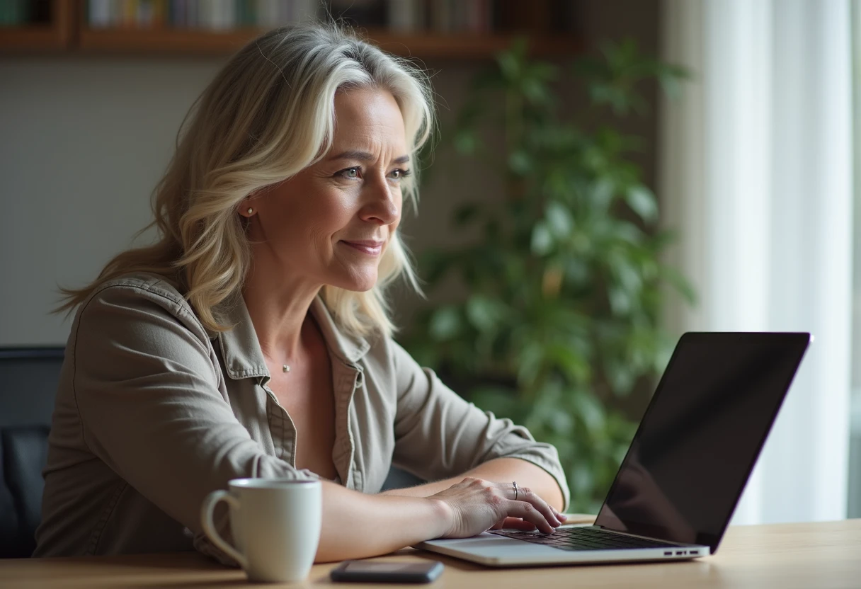 Woman at a desk choosing a crypto payment option on a laptop for privacy
