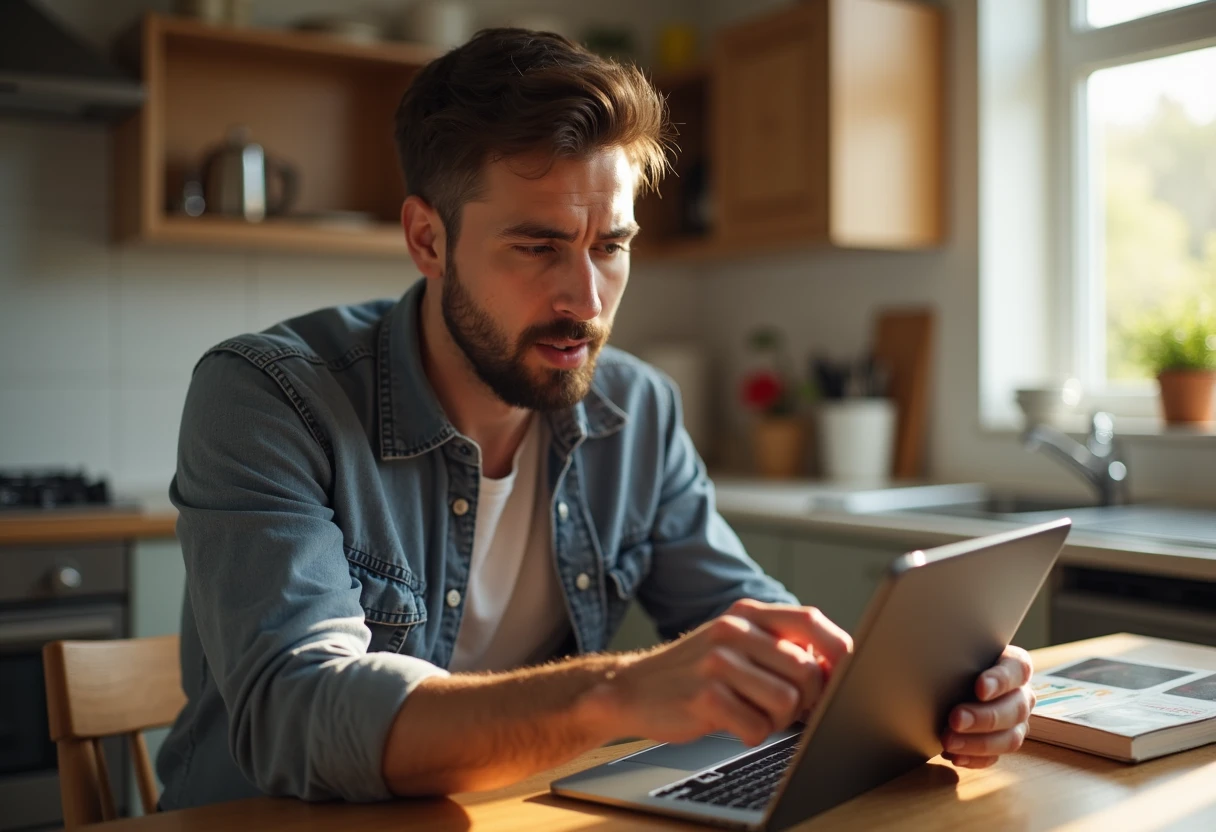 Man comparing AI companion apps on a tablet at his kitchen table