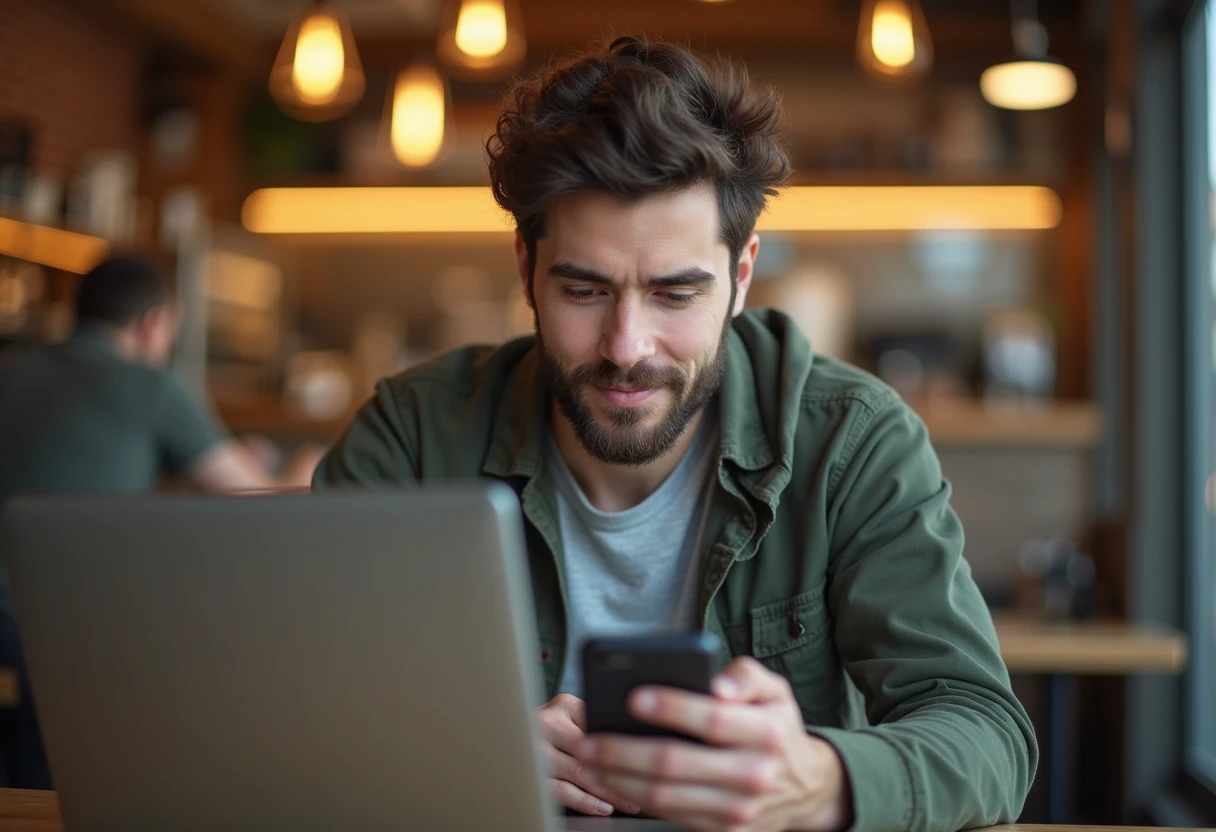 Man in a coffee shop with a laptop open, glancing at his smartphone in one hand