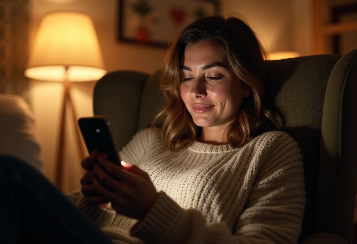 Woman in her 30s having a comforting evening conversation on her phone in a cozy armchair