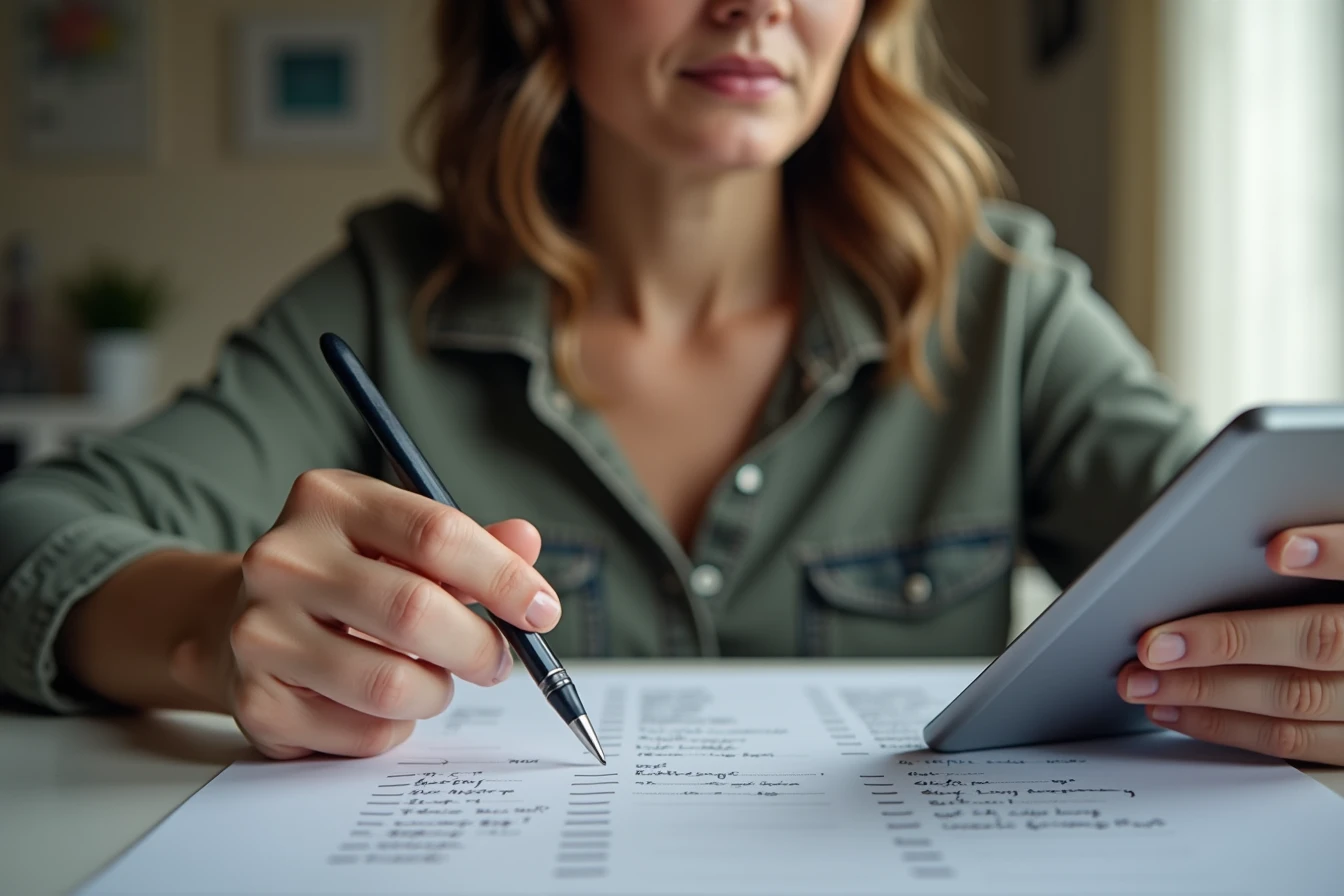 Person at a table comparing app features on a tablet using a written checklist