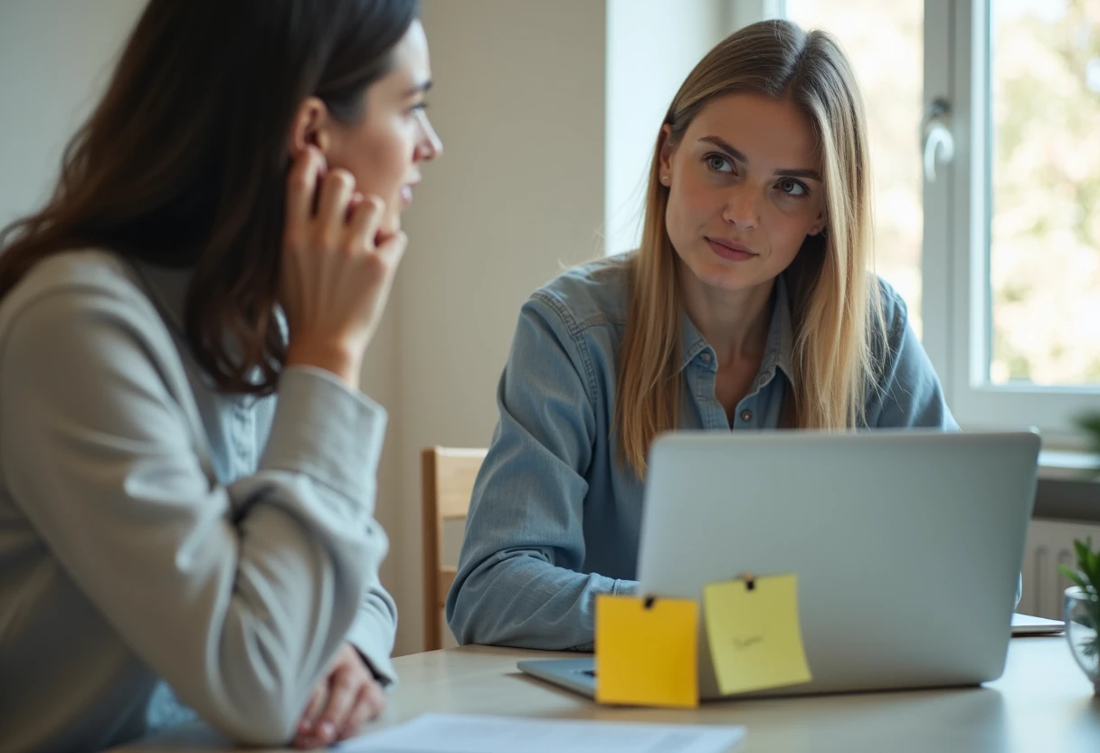 Woman at a home office desk comparing marketing language on a laptop screen