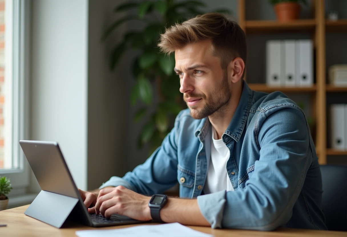 Man at a desk looking at a tablet with a focused comparing expression