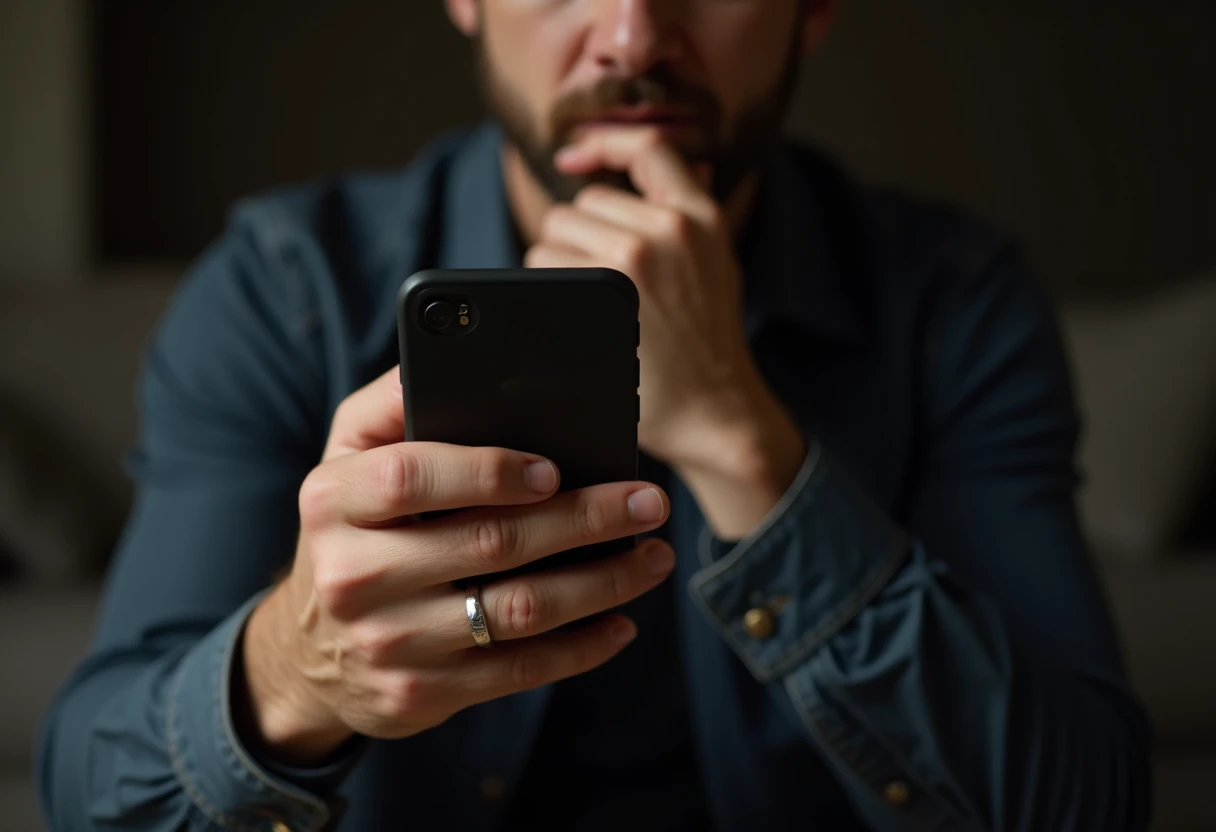 Close up of a hand holding a smartphone with a wedding ring visible, conflicted expression