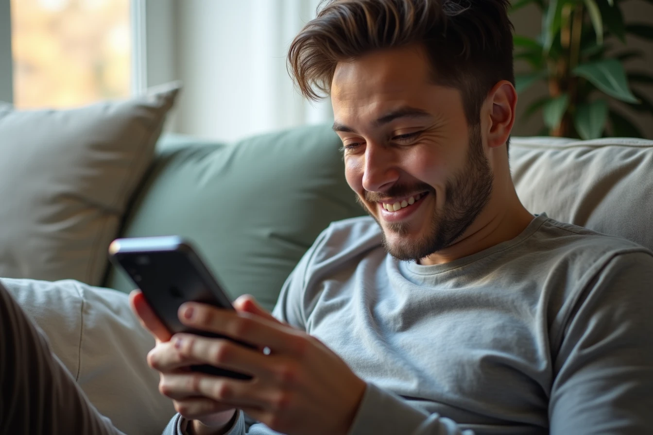 Person casually browsing an AI companion app on a smartphone at home