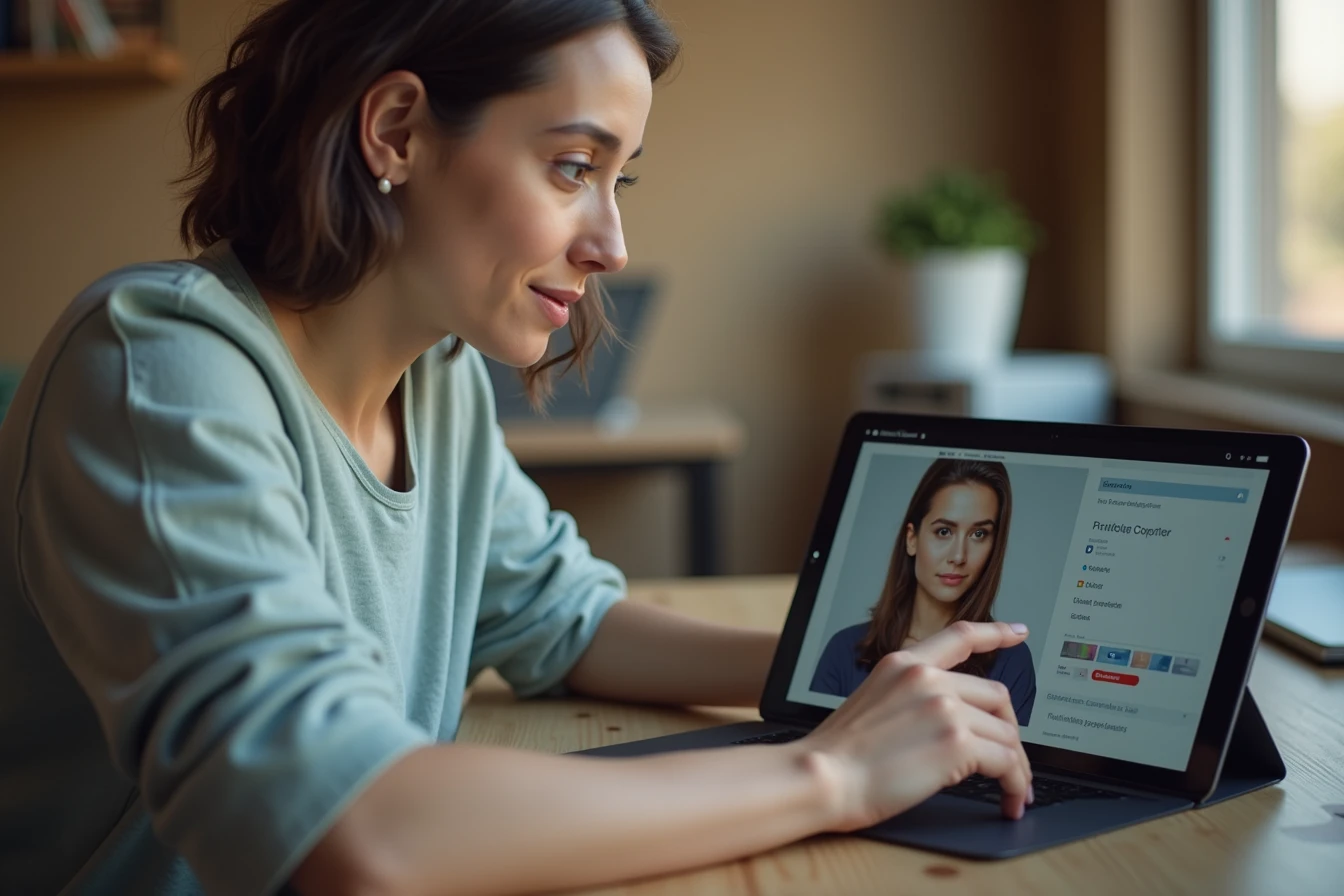 Person customizing a companion character's appearance on an app using a tablet