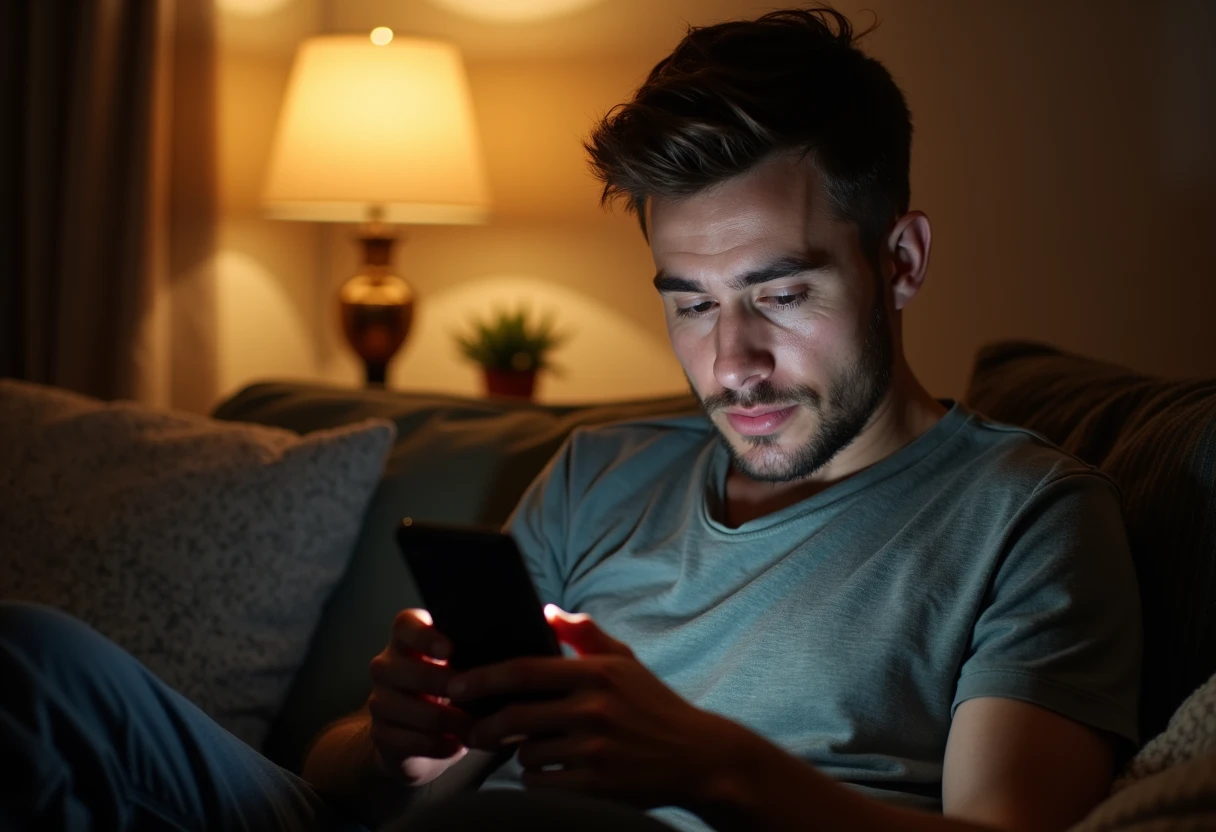 Person sitting on a couch looking thoughtfully at a smartphone while deciding whether to upgrade a subscription