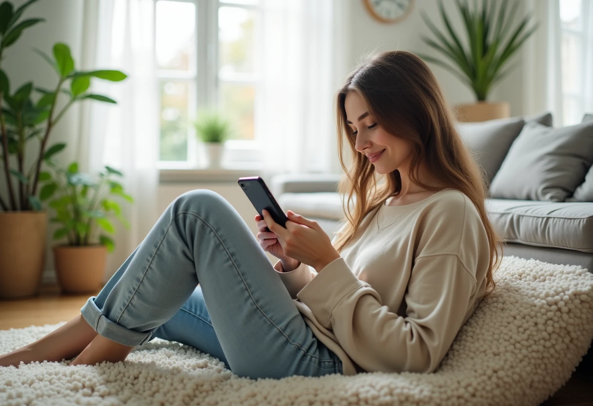 Woman relaxing on a floor cushion in a bright living room using a smartphone