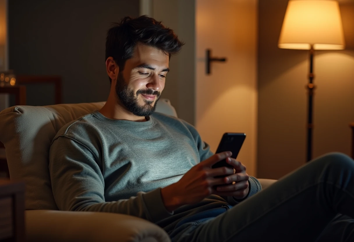 Man relaxing at home looking at his phone with a calm, comfortable expression