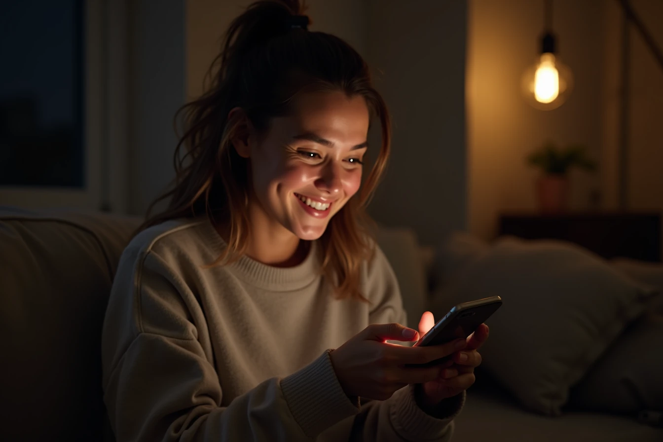 Person in their 20s smiling at a warm, understanding response on their phone screen in low light