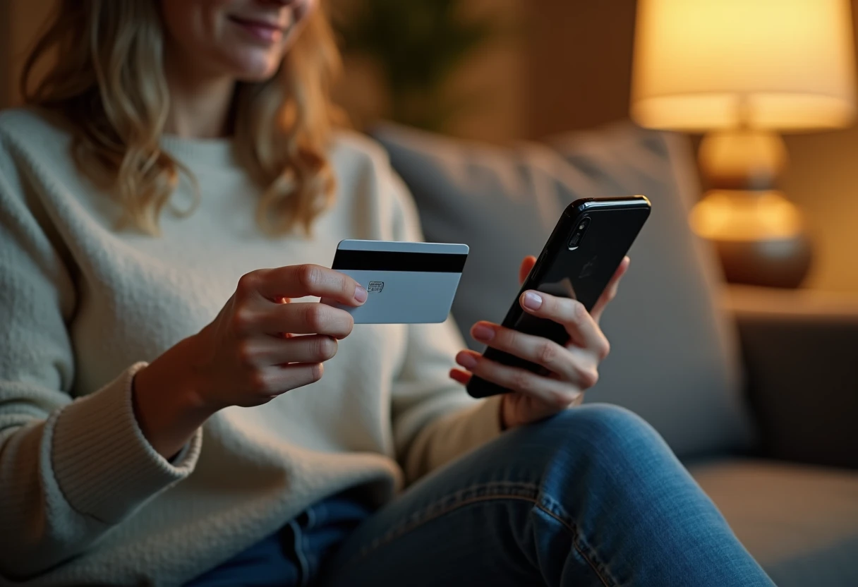 Woman on a couch holding a payment card next to her smartphone