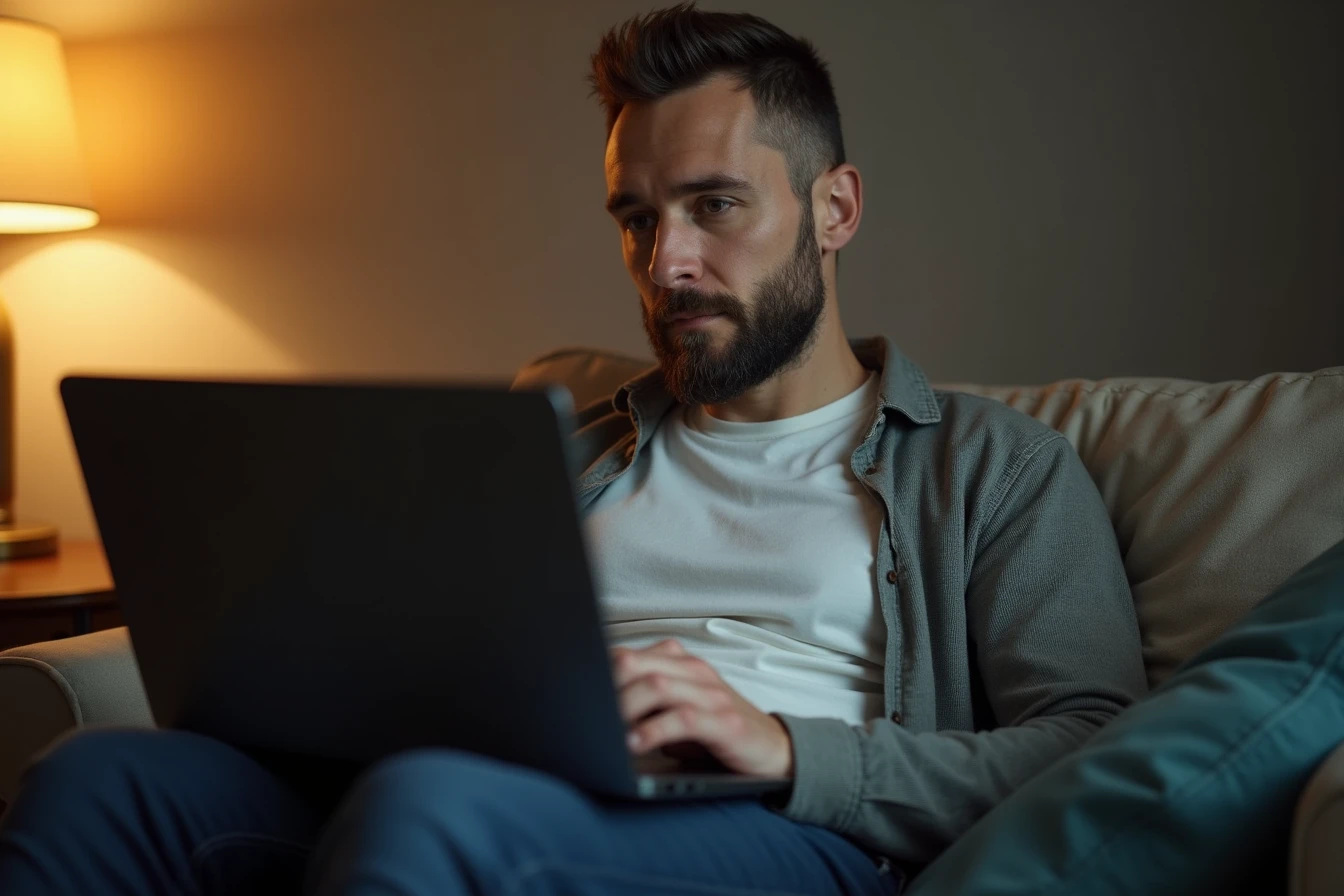 Man sitting on a couch with a laptop, thoughtfully planning a product roadmap