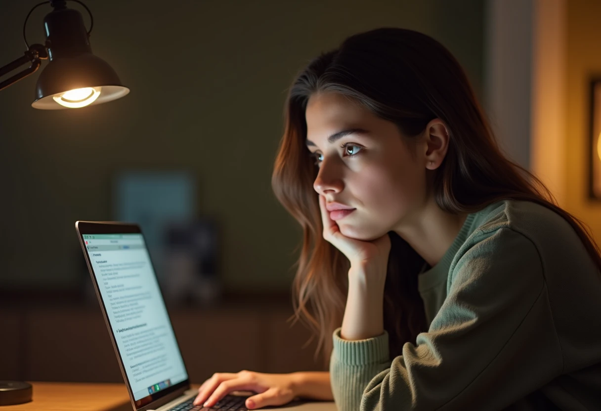 Woman sitting at a desk in the evening with a laptop open, chin resting on her hand in thought