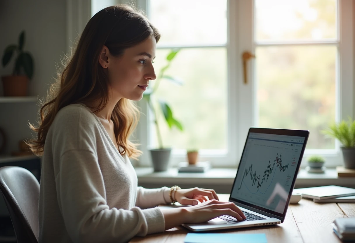 Woman at a home office desk looking at a laptop screen showing an upward trending line graph