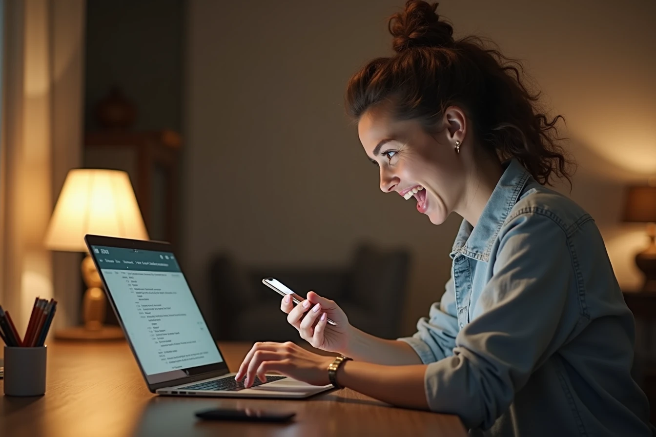 Woman engaged in an immersive roleplay conversation with her AI companion app at a desk