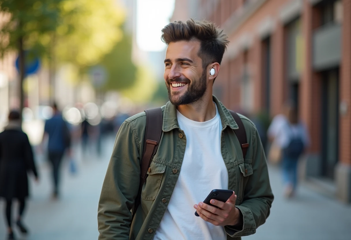 Person wearing wireless earbuds while on a voice call with a companion app on their phone