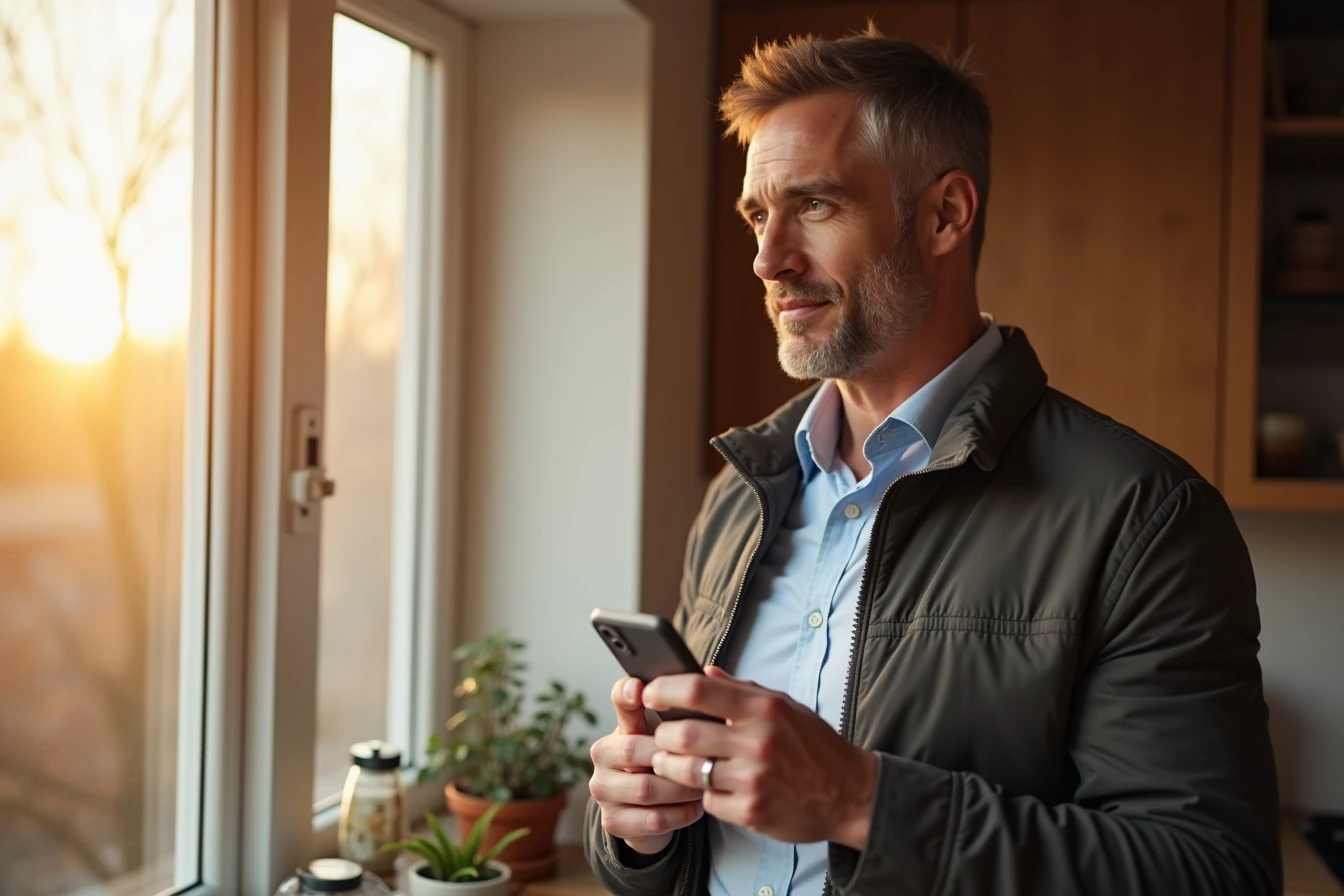Man standing by a kitchen window in the morning holding a coffee mug and smartphone