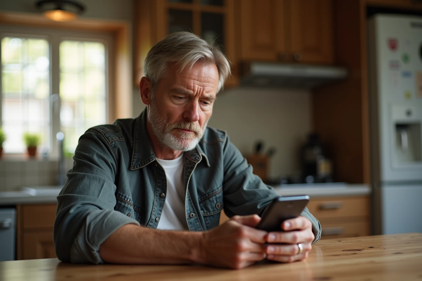 Parent sitting at a kitchen table reviewing phone settings and app permissions with a serious expression