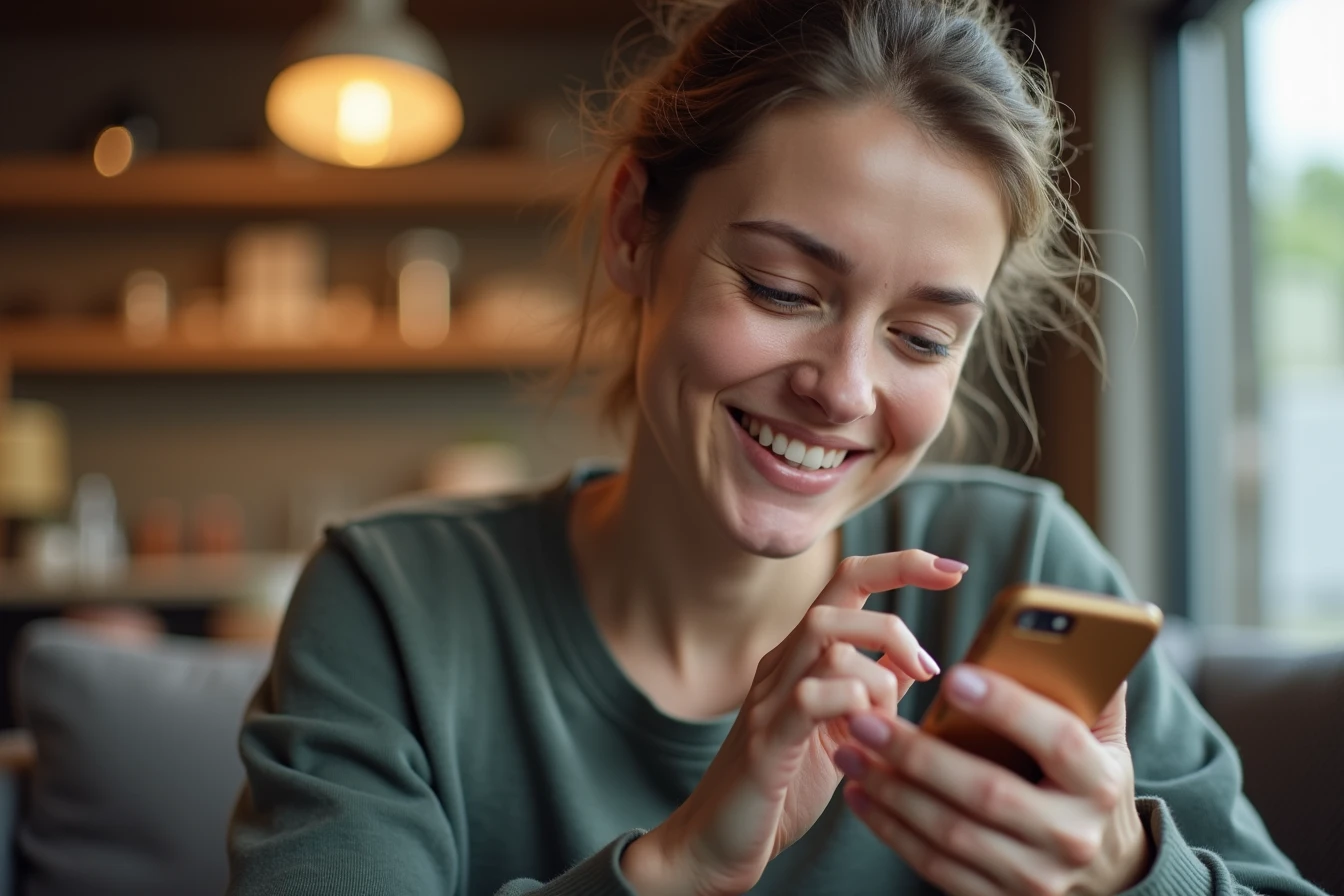 Close-up of a person in their 30s smiling while reading a personalized response on a companion app