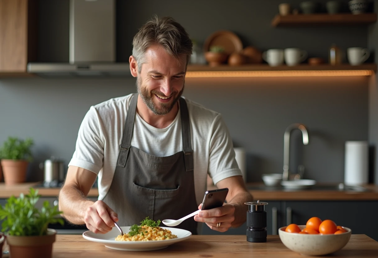 Man cooking dinner in a modern kitchen with a smartphone propped against a cookbook stand