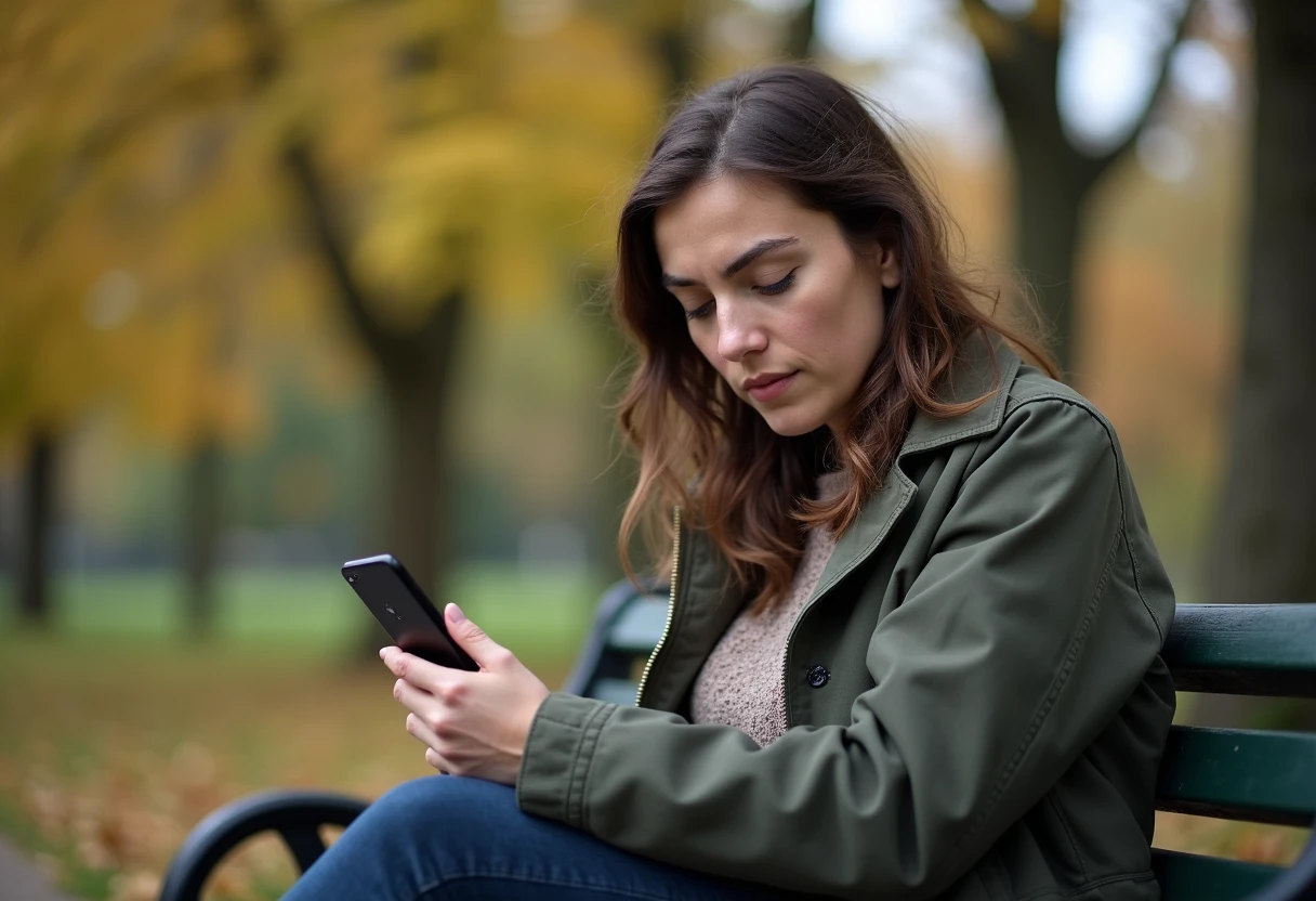 Person sitting alone on a park bench looking at a smartphone with a quiet, reflective expression
