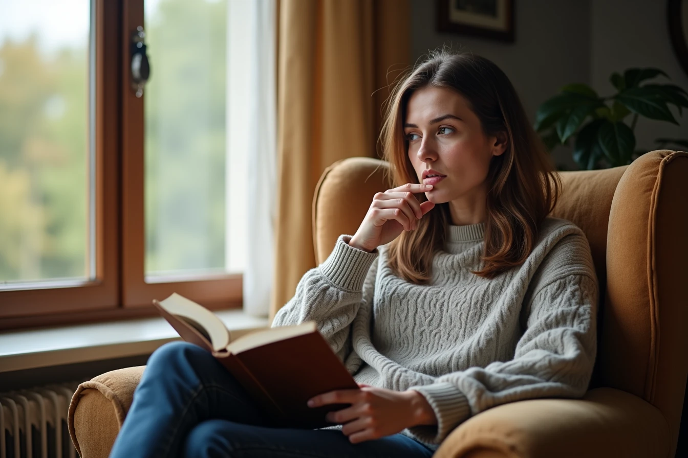 Person sitting by a window reading a book with a thoughtful, reflective expression
