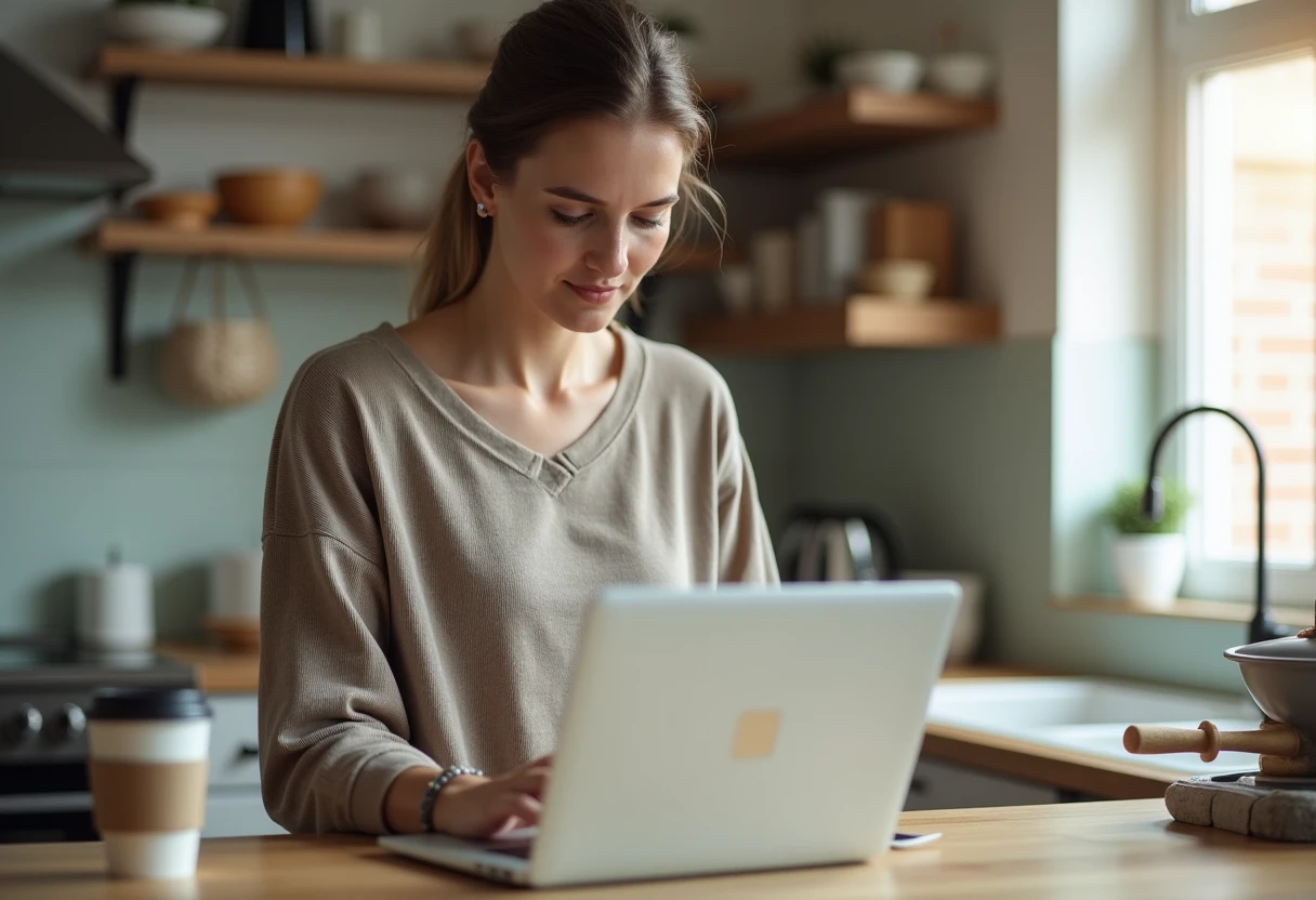 Woman standing at a kitchen counter reading a comment thread discussion on a laptop