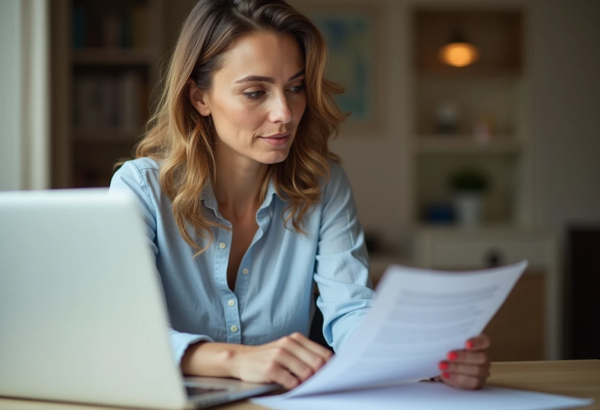 Woman at a home office desk reading a legal document next to an open laptop with a focused expression