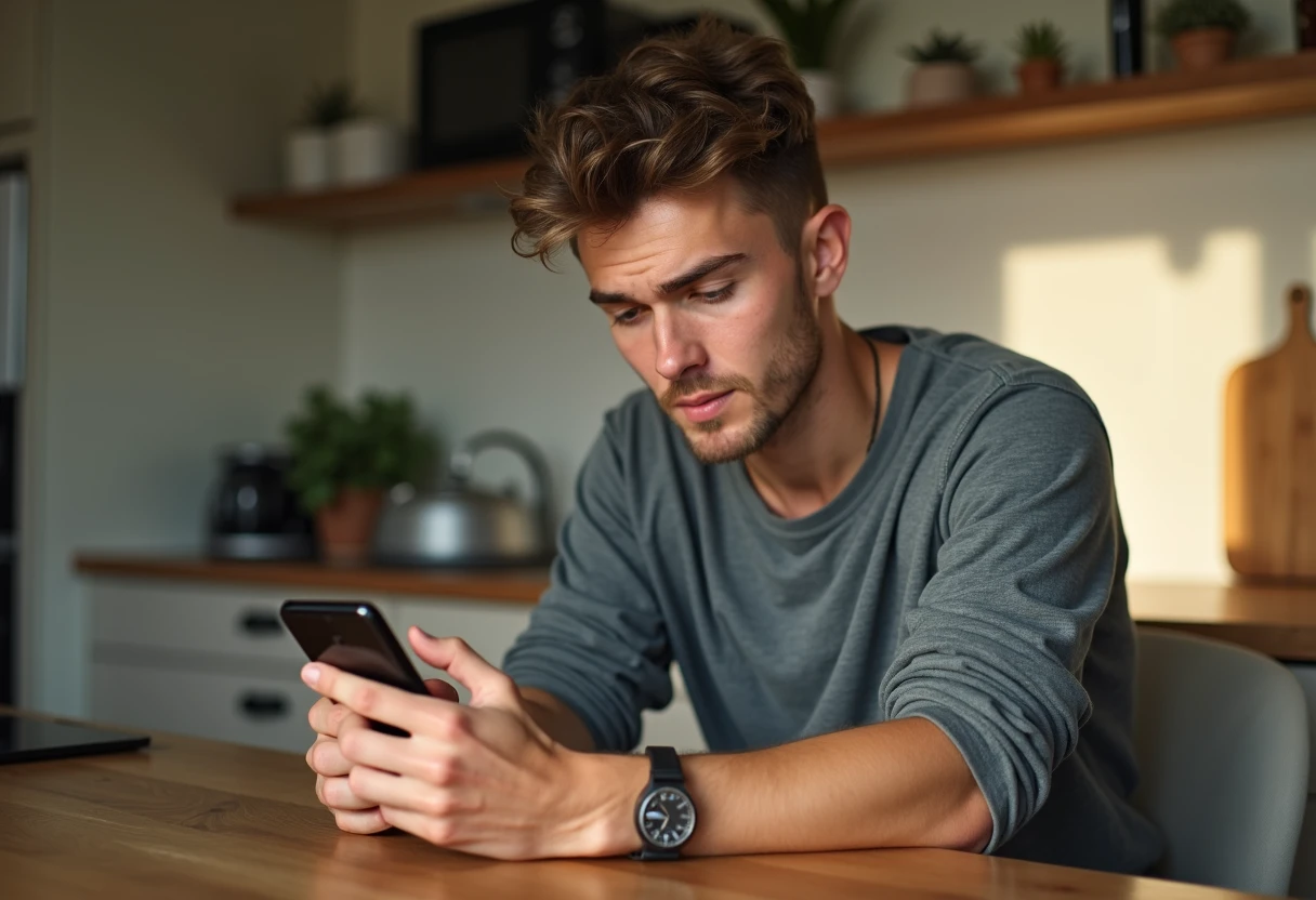 Person scrolling an app store listing on a smartphone, reading reviews and screenshots