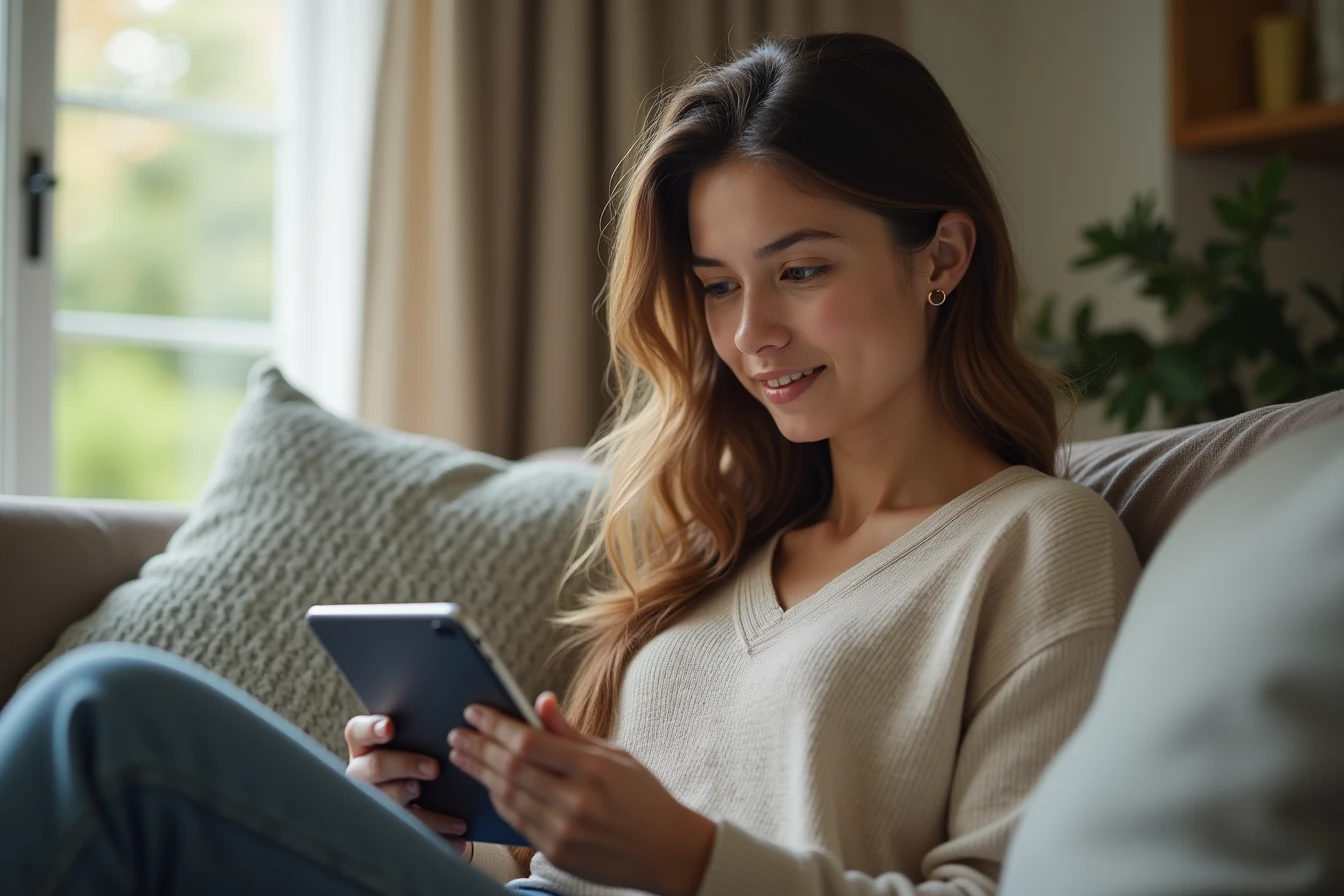 Woman sitting on a couch reading something on a tablet with a curious expression