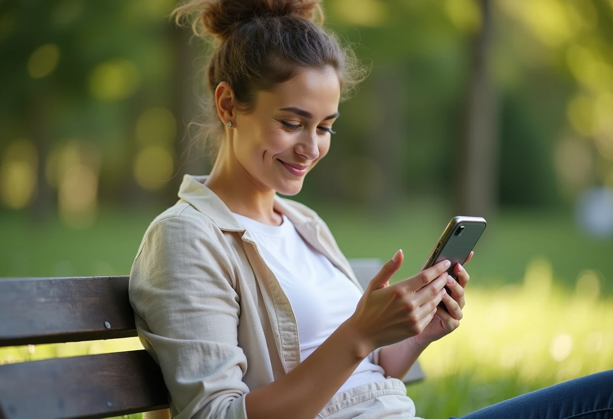 Woman relaxed on a park bench having a casual conversation on her smartphone
