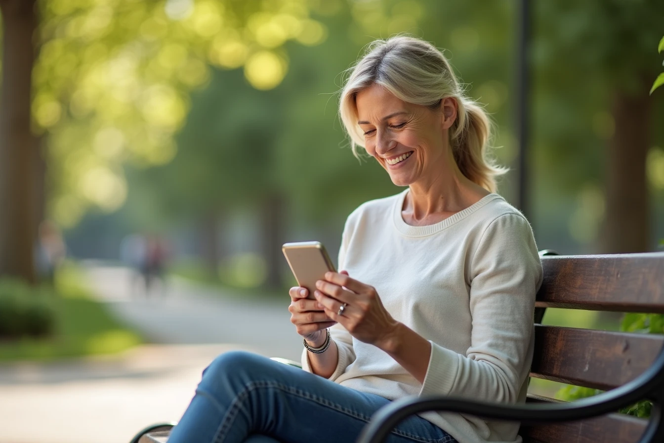 Woman sitting on a park bench on a sunny day smiling gently while reading her smartphone
