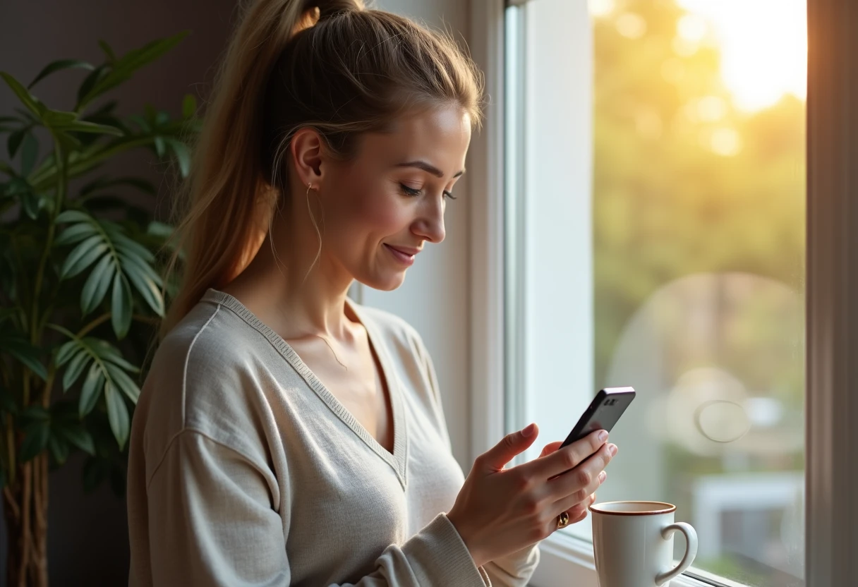 Person in their late 20s checking a companion app notification on their phone during their morning routine