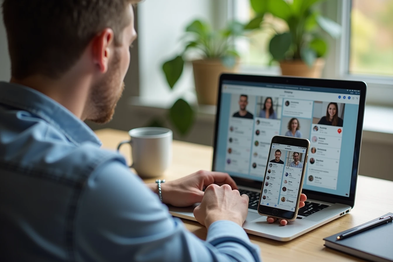 Researcher comparing multiple AI girlfriend chat apps side by side on several screens at a desk