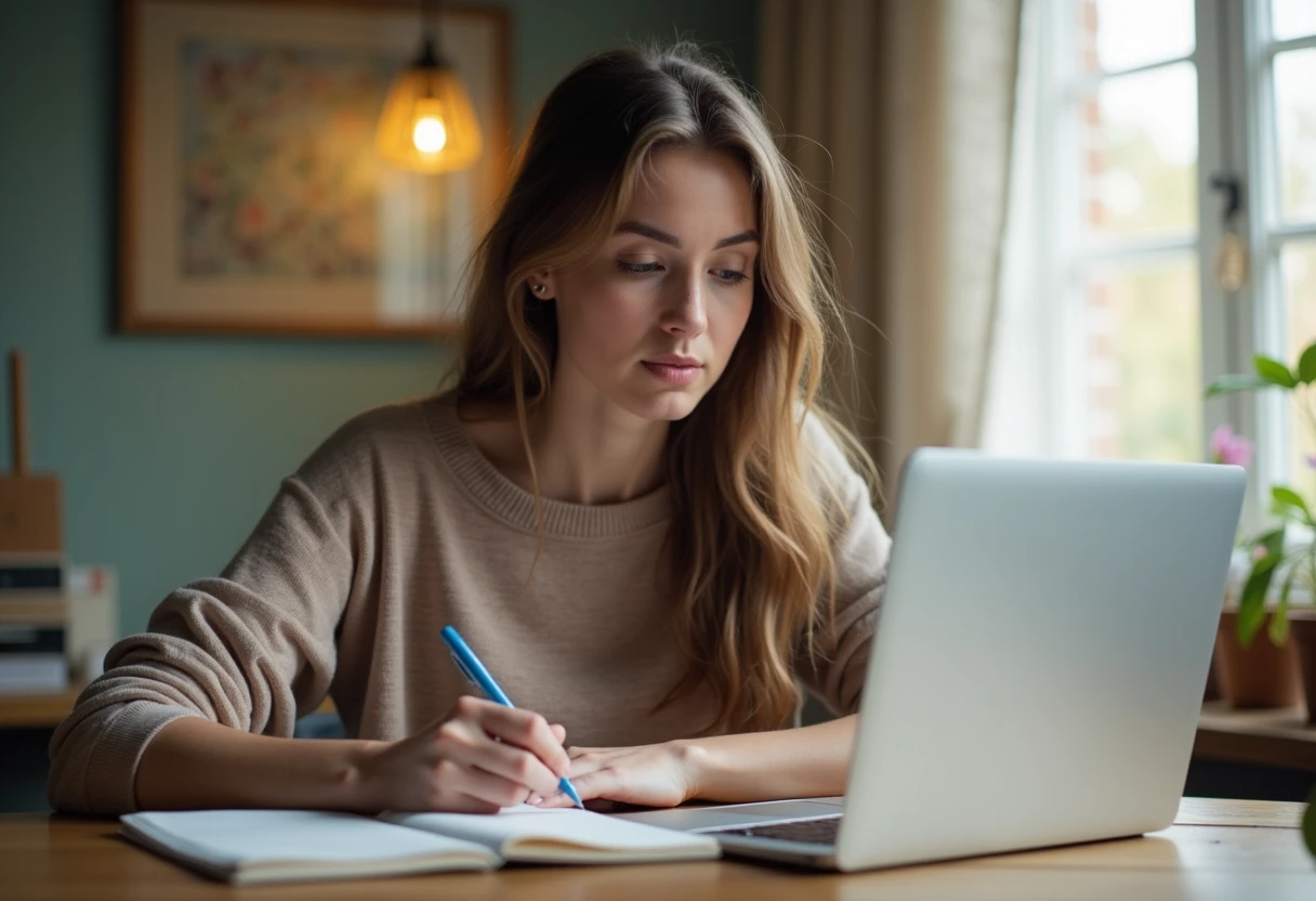 Woman at a desk with a laptop, writing notes in a paper notebook with a studious expression