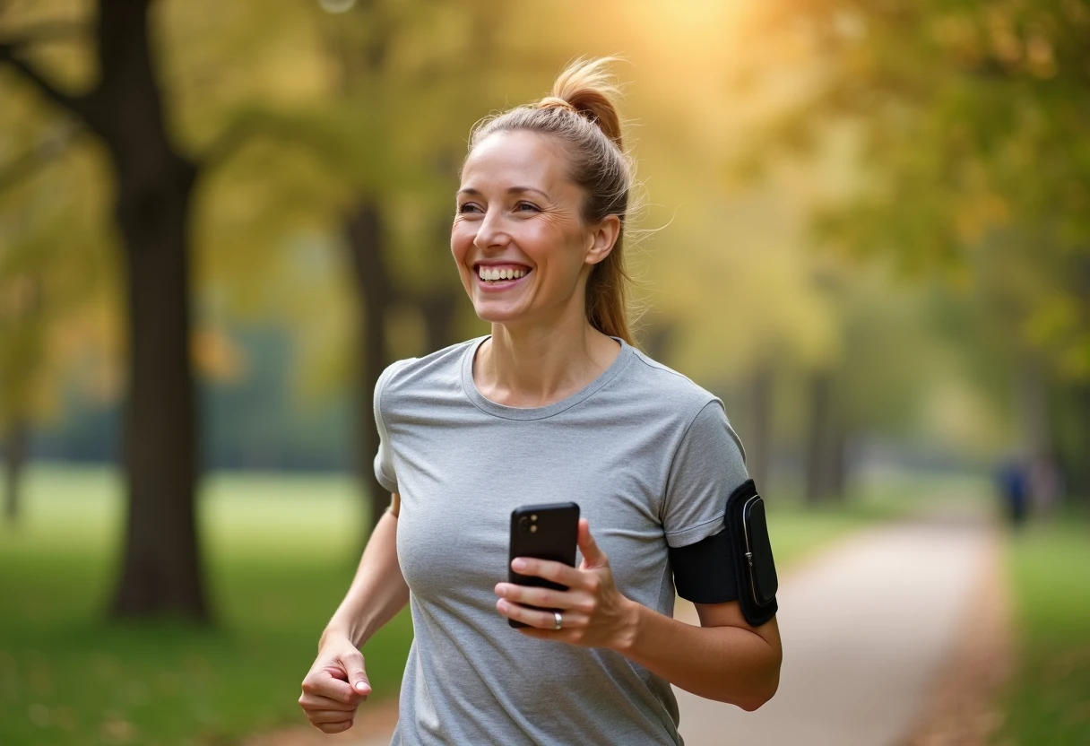 Woman jogging in a park in the morning with a healthy, energized expression