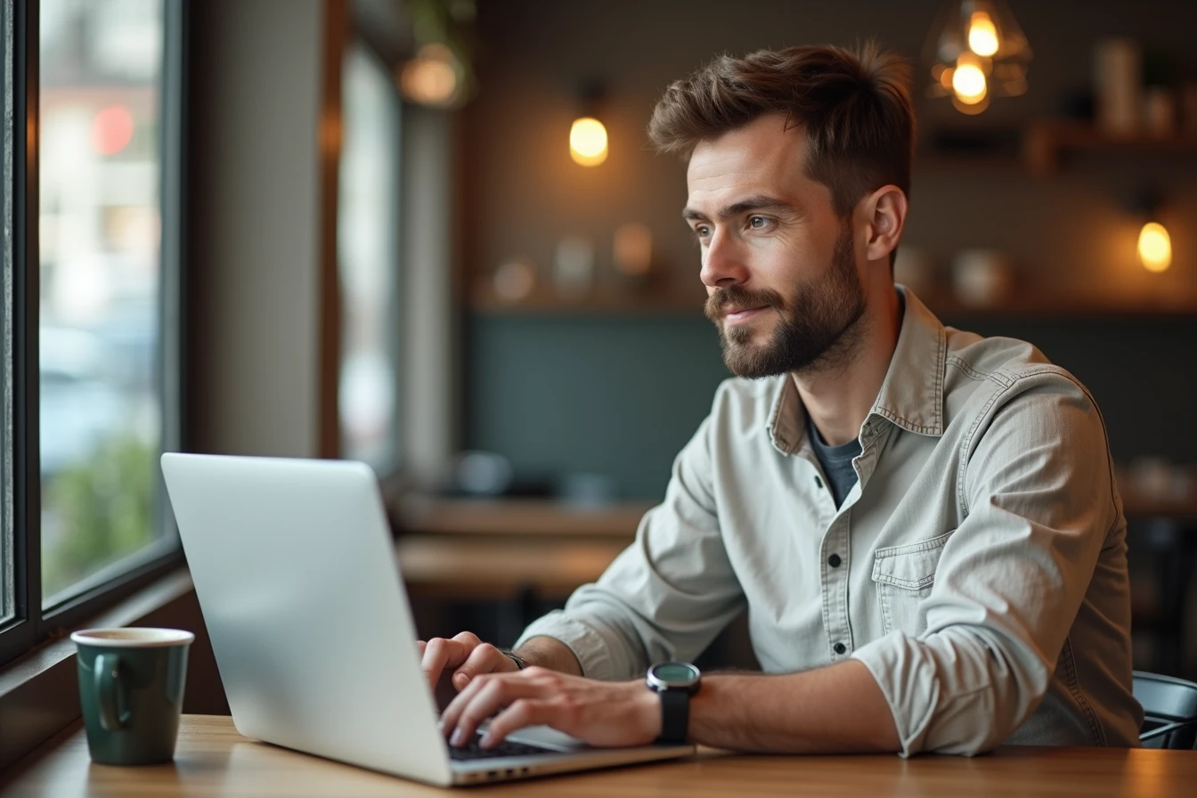 Man at a cafe table reviewing something on his laptop with a coffee beside him