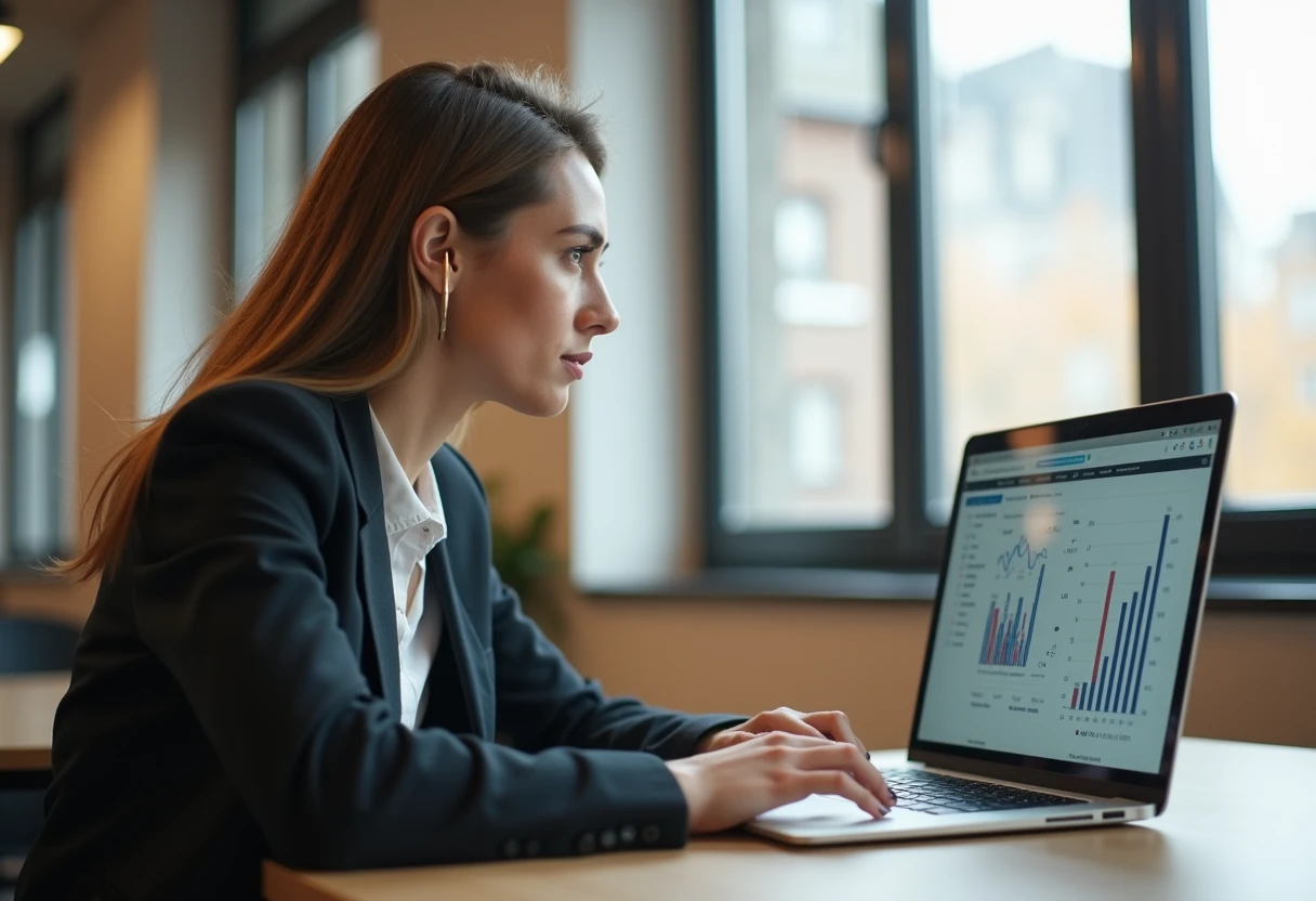 Woman in smart casual clothing at a co-working space desk looking at a laptop screen with financial-style charts