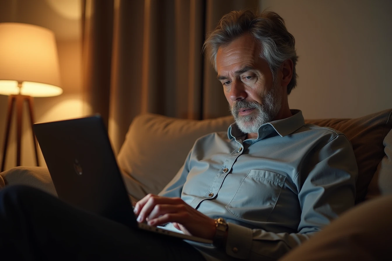 Man sitting on a couch with a laptop reviewing app persona settings with a curious expression