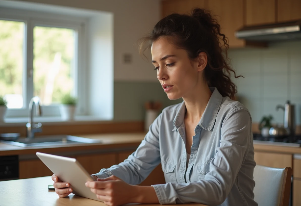 Woman at a kitchen table reviewing app safety settings on a tablet with a careful expression