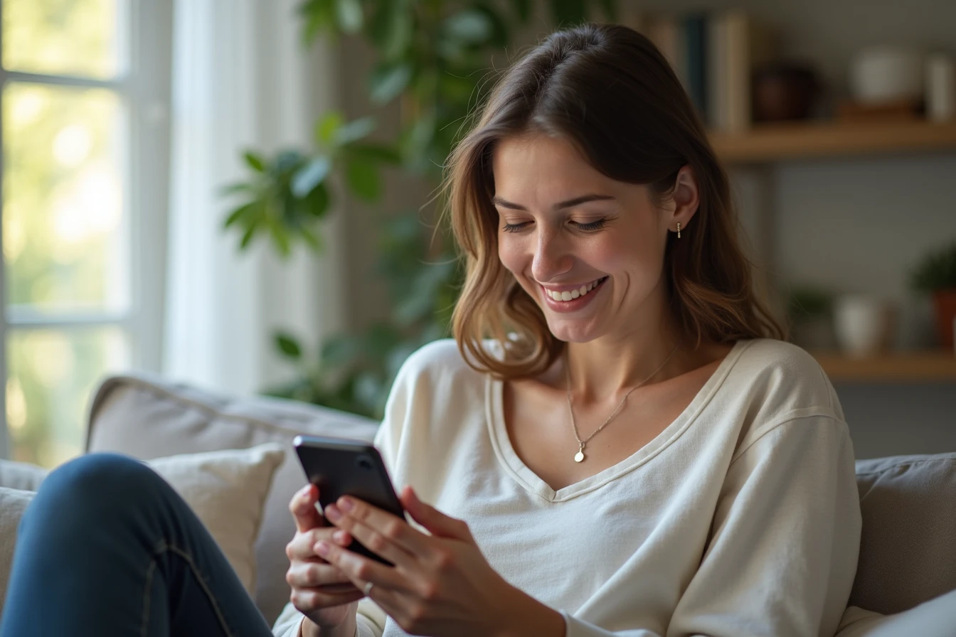 Woman reviewing AI-generated photos on her smartphone while relaxing on a couch