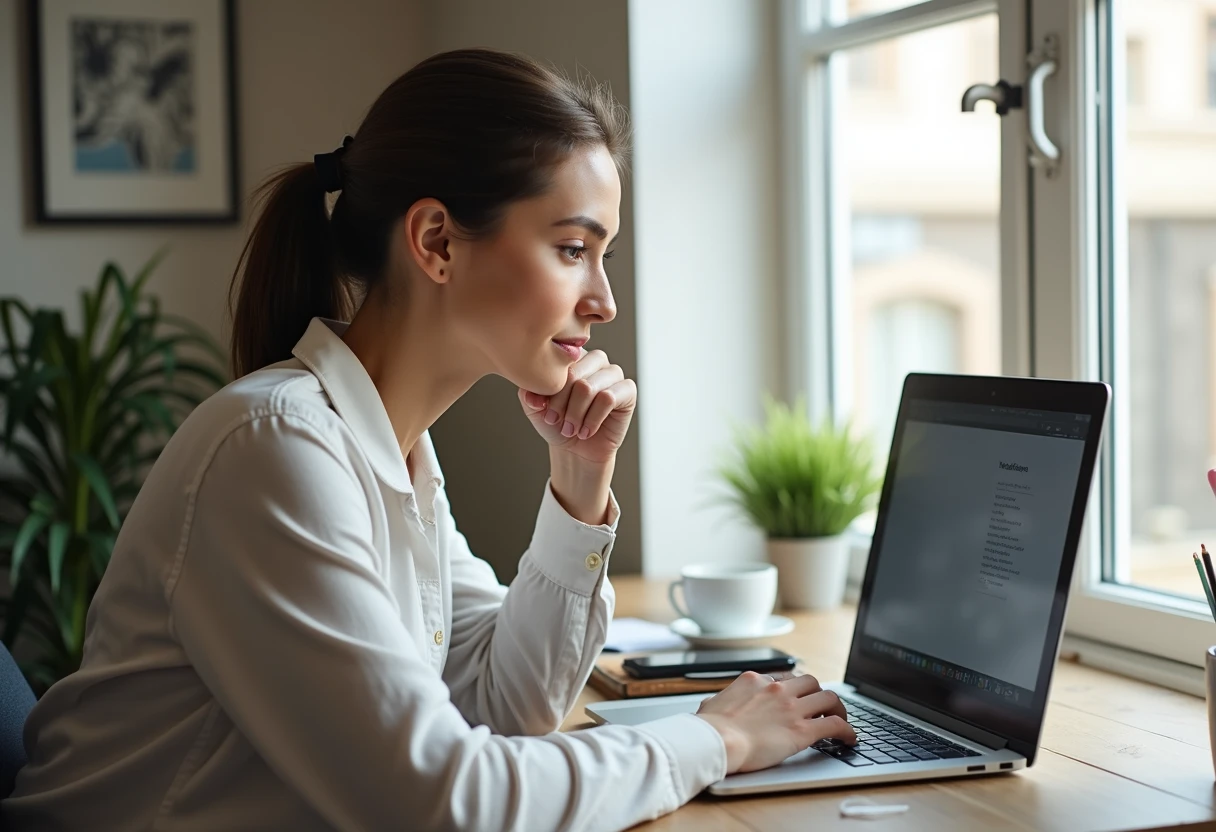 Woman at a home office desk reviewing image model restrictions on a laptop
